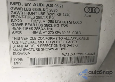 2021 Audi Q7 Premium Plus 55 Tfsi Quattro Tiptronic из США, поврежденный, VIN WA1LXAF73MD040228